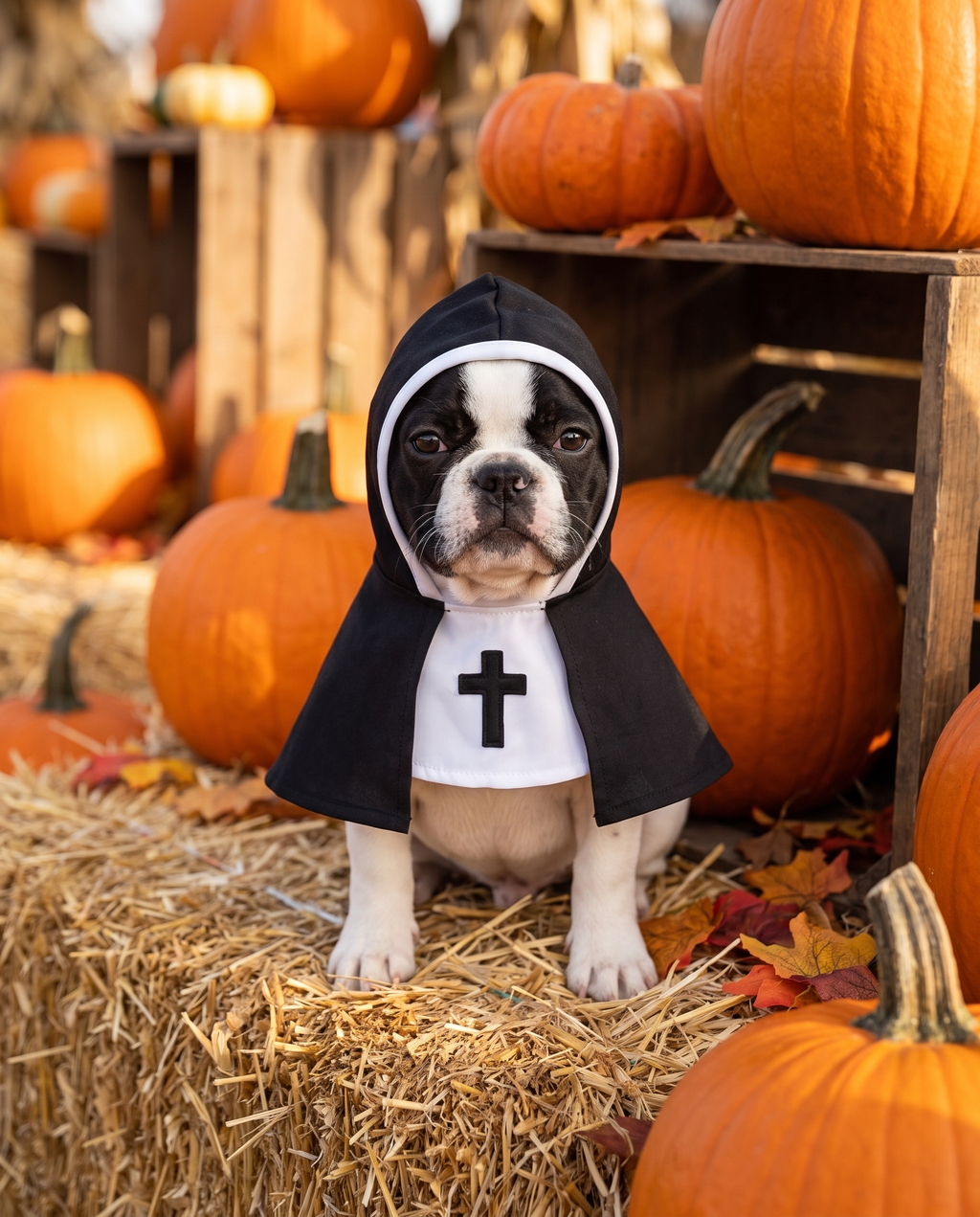 Small French bulldog wearing the pet nun costume in a pumpkin patch