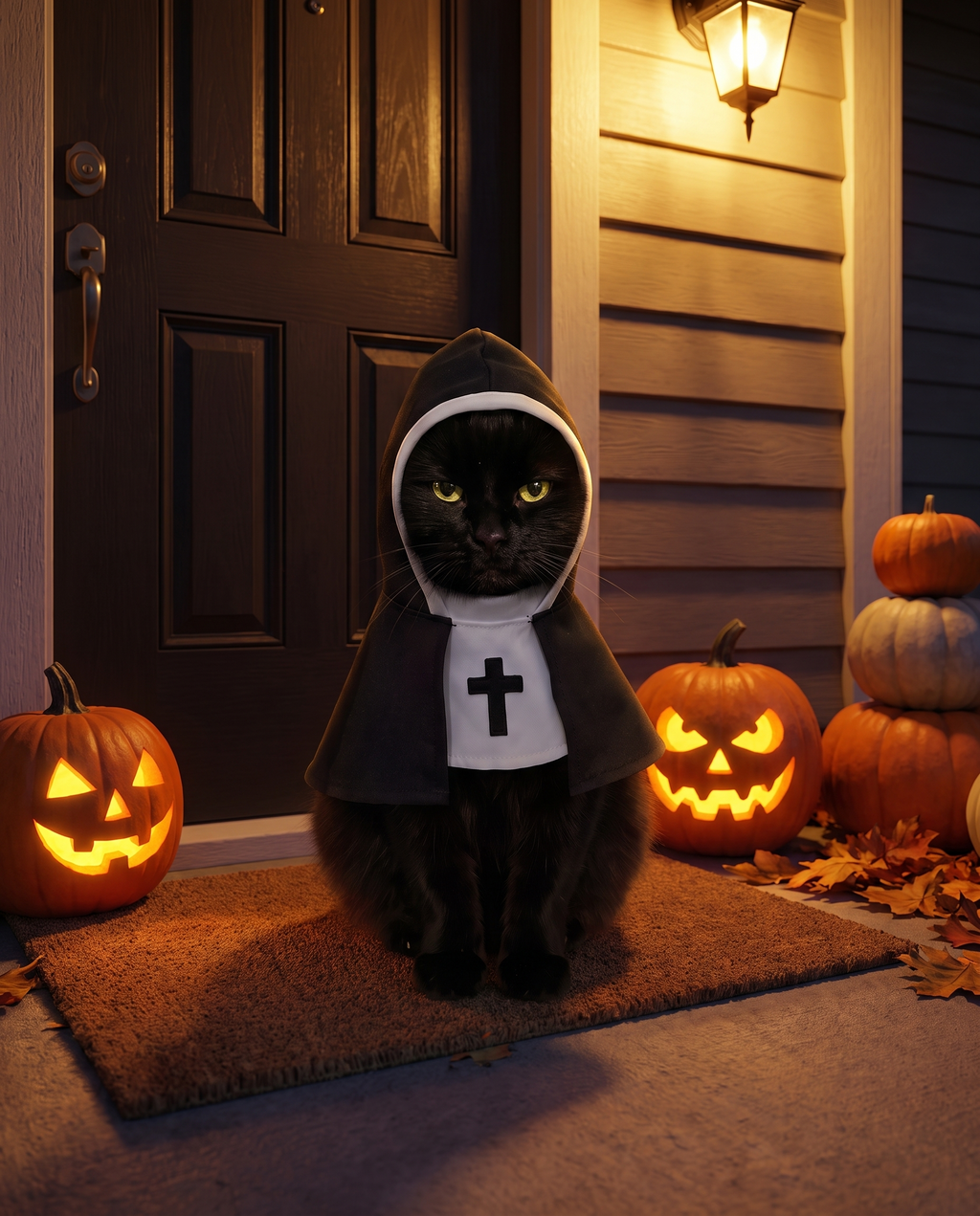 Black cat in nun costume guarding the front door at night between jack-o-lanterns