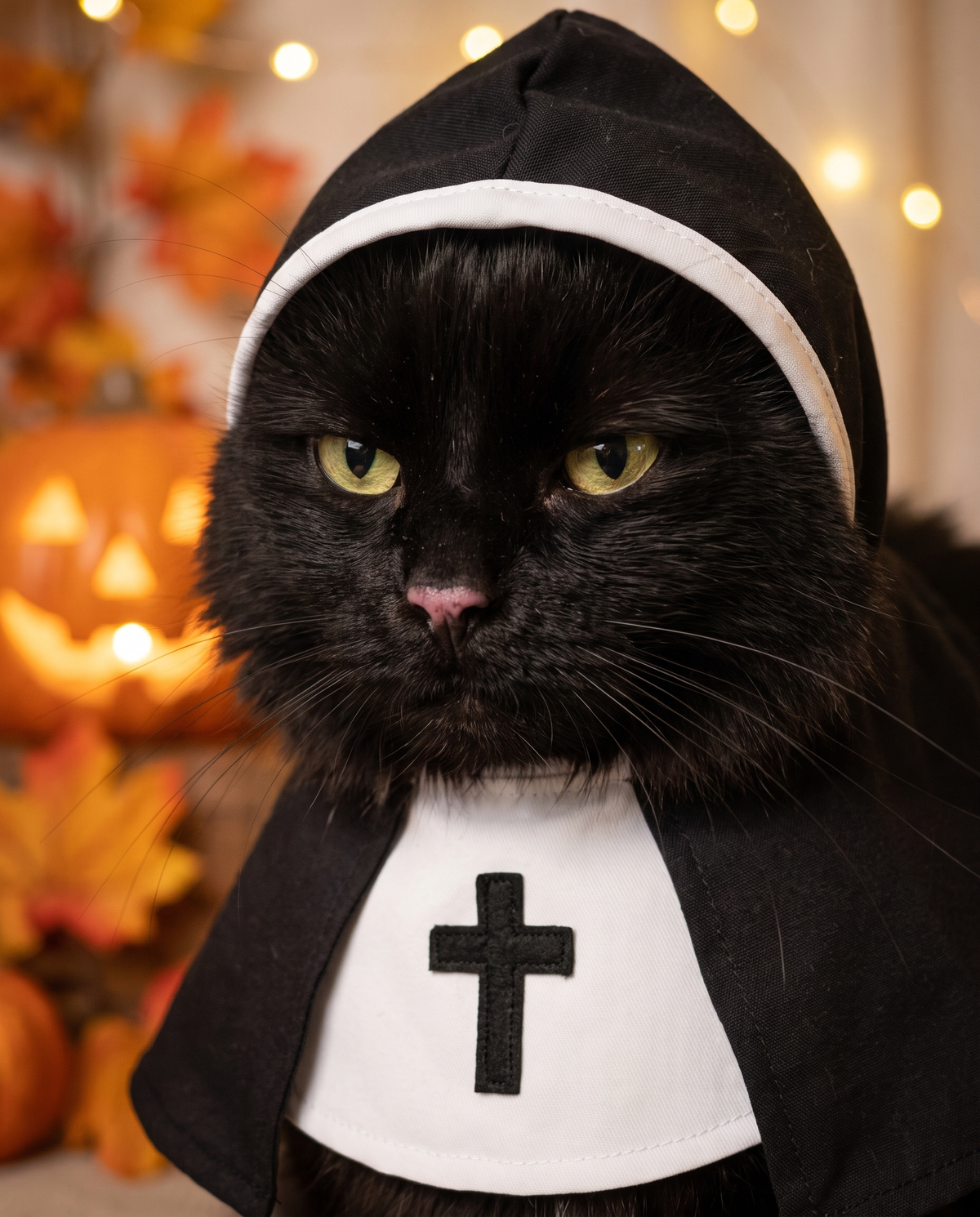 Close-up of the white-trimmed hood and cross bib on a black cat