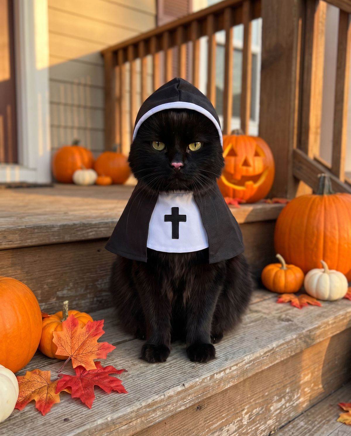 Black cat wearing the Sister Midnight pet nun costume on a porch with pumpkins and fall leaves