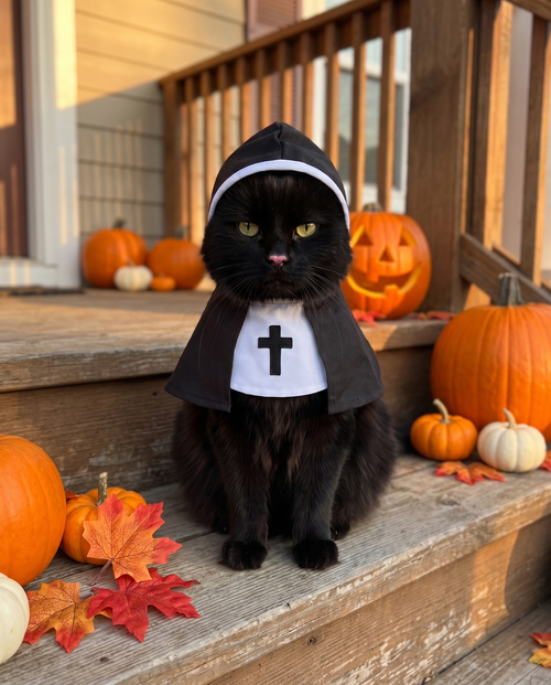 Black cat wearing the Sister Midnight pet nun costume on a porch with pumpkins and fall leaves