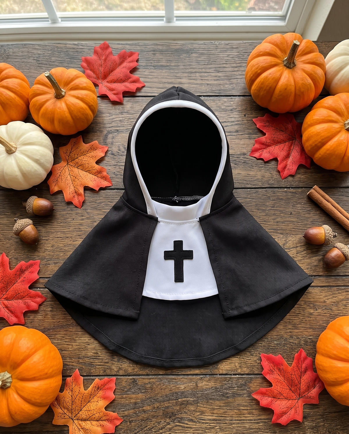 Pet nun costume laid flat with mini pumpkins and autumn leaves