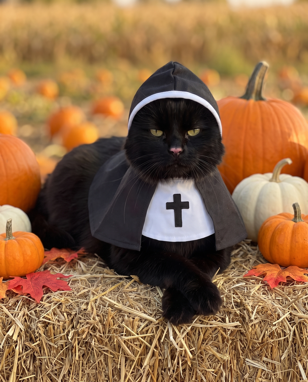 Black cat in nun costume lying on a hay bale in a pumpkin patch